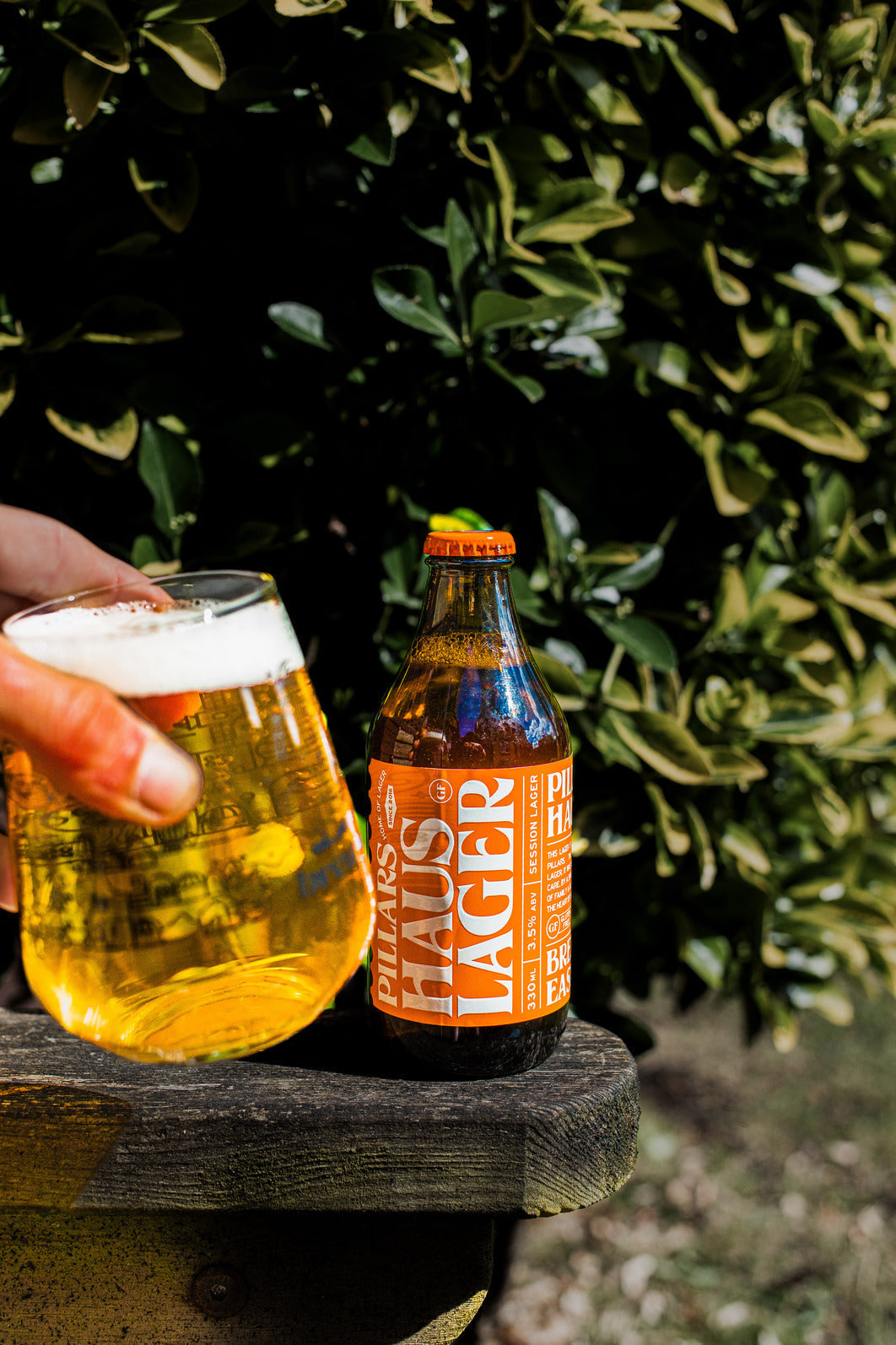 Glass of craft lager poured beside a Pillars Haus Lager bottle in a summer garden