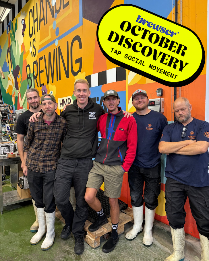The Tap Social Movement team at the Oxford brewery, with Brewser October Discovery artwork.