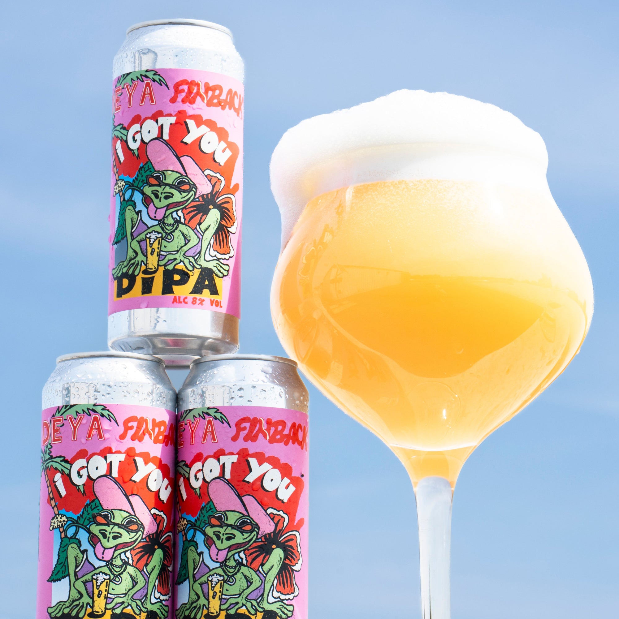 DEYA x Finback I Got You DIPA cans stacked beside a poured glass, Brewser craft beer subscription