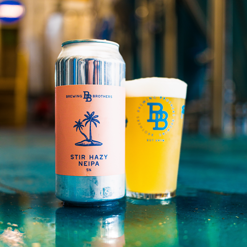 Brewing Brothers Stir Hazy NEIPA can beside a poured Brewing Brothers glass, Brewser craft beer subscription