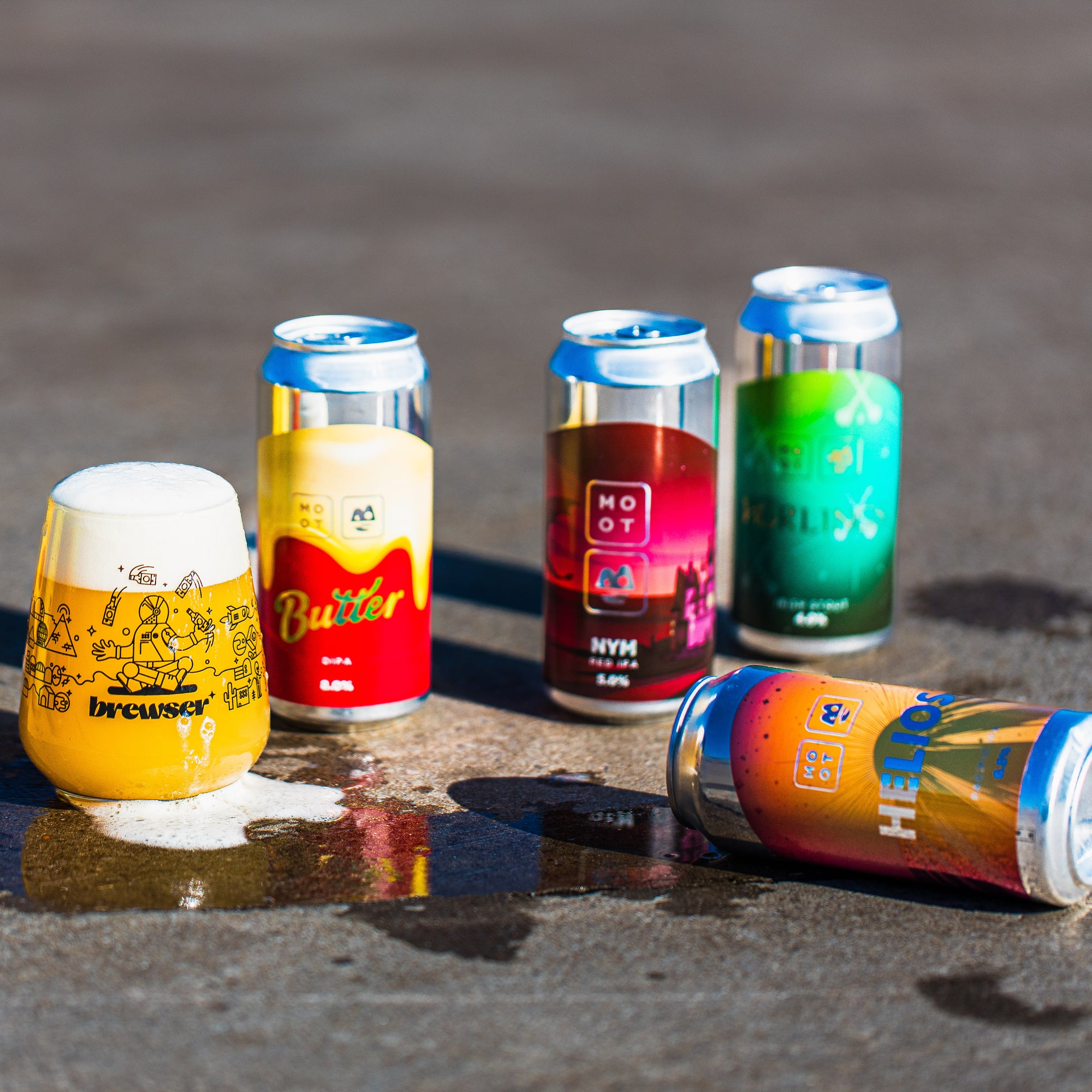 Moot Brewing Butter DIPA and NYN Red IPA with mixed craft beer cans and Brewser glass, part of a Brewser subscription
