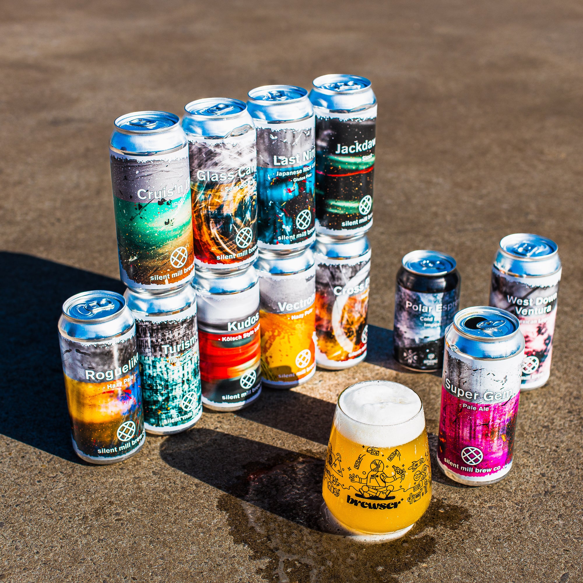 Silent Mill Brew Co full craft beer range including Roguelike Hazy, Kudos Kolsch, Last Night Japanese Rice Lager, West Down Venture and more, with Brewser glass - Brewser craft beer subscription direct from brewery UK