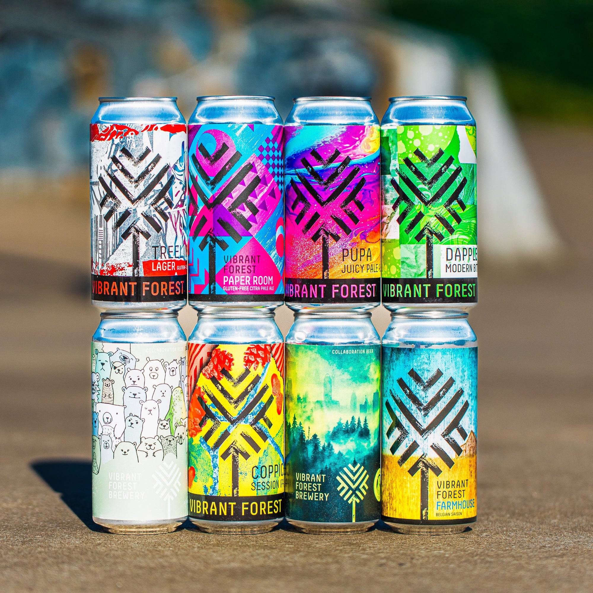 Vibrant Forest Brewery full can lineup including Tree Lager, Paper Room, and Farmhouse, in a Brewser subscription box