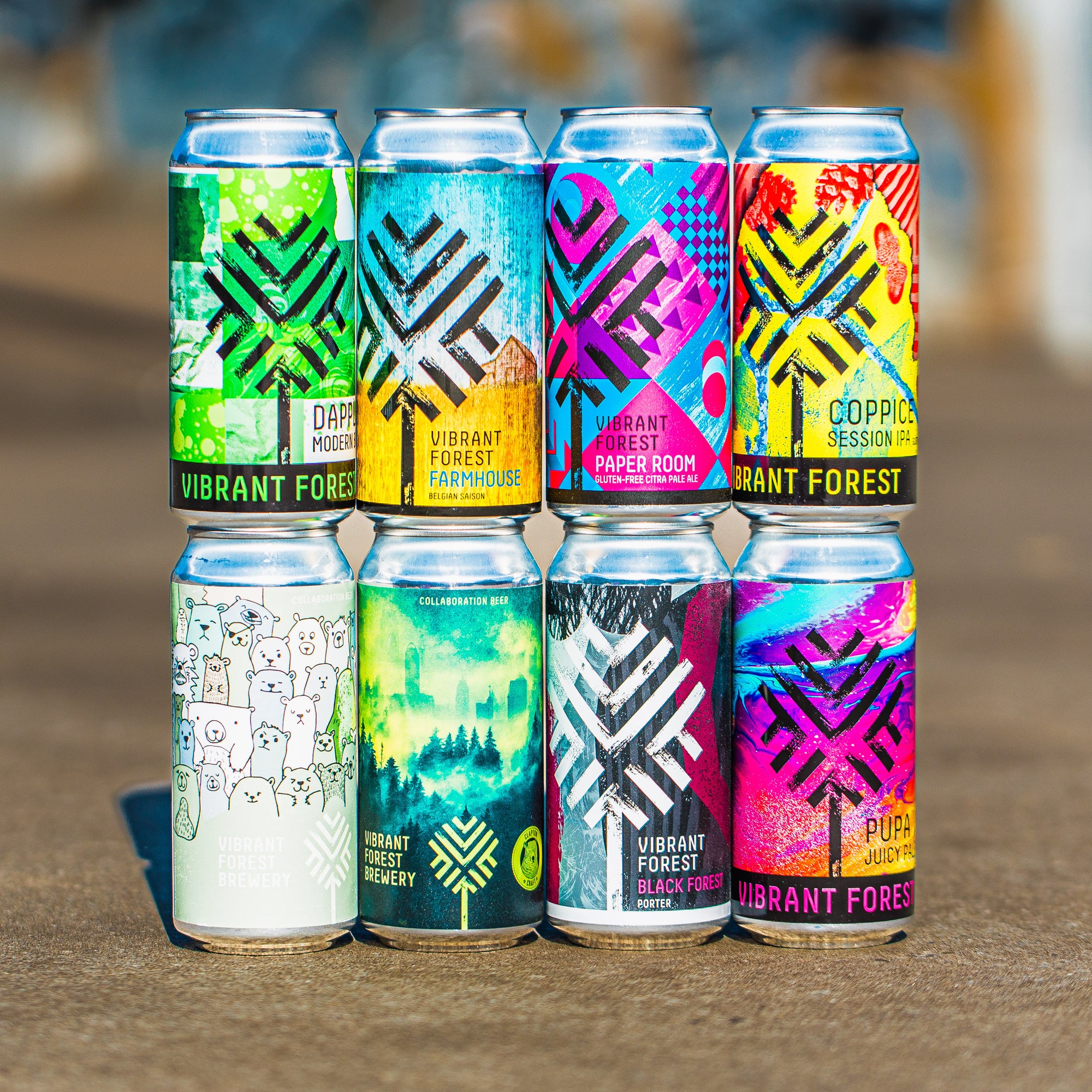 Vibrant Forest Brewery six-can range including Black Forest Porter, Coppice Session IPA, and Pupa Juicy Pale, Brewser box