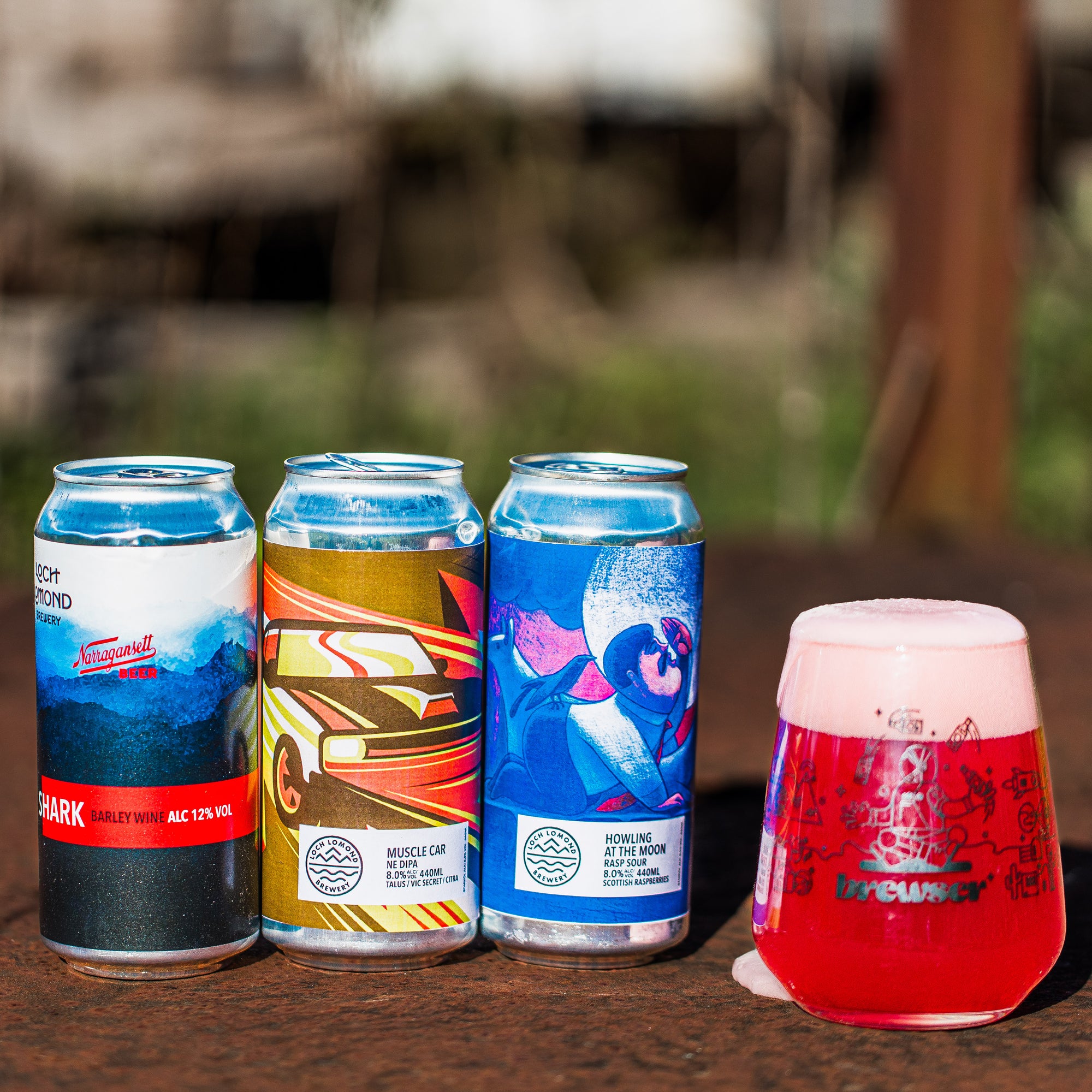 Loch Lomond Brewery Shark Barley Wine, Muscle Car DIPA and Howling at the Moon Sour cans with Brewser glass, subscription box