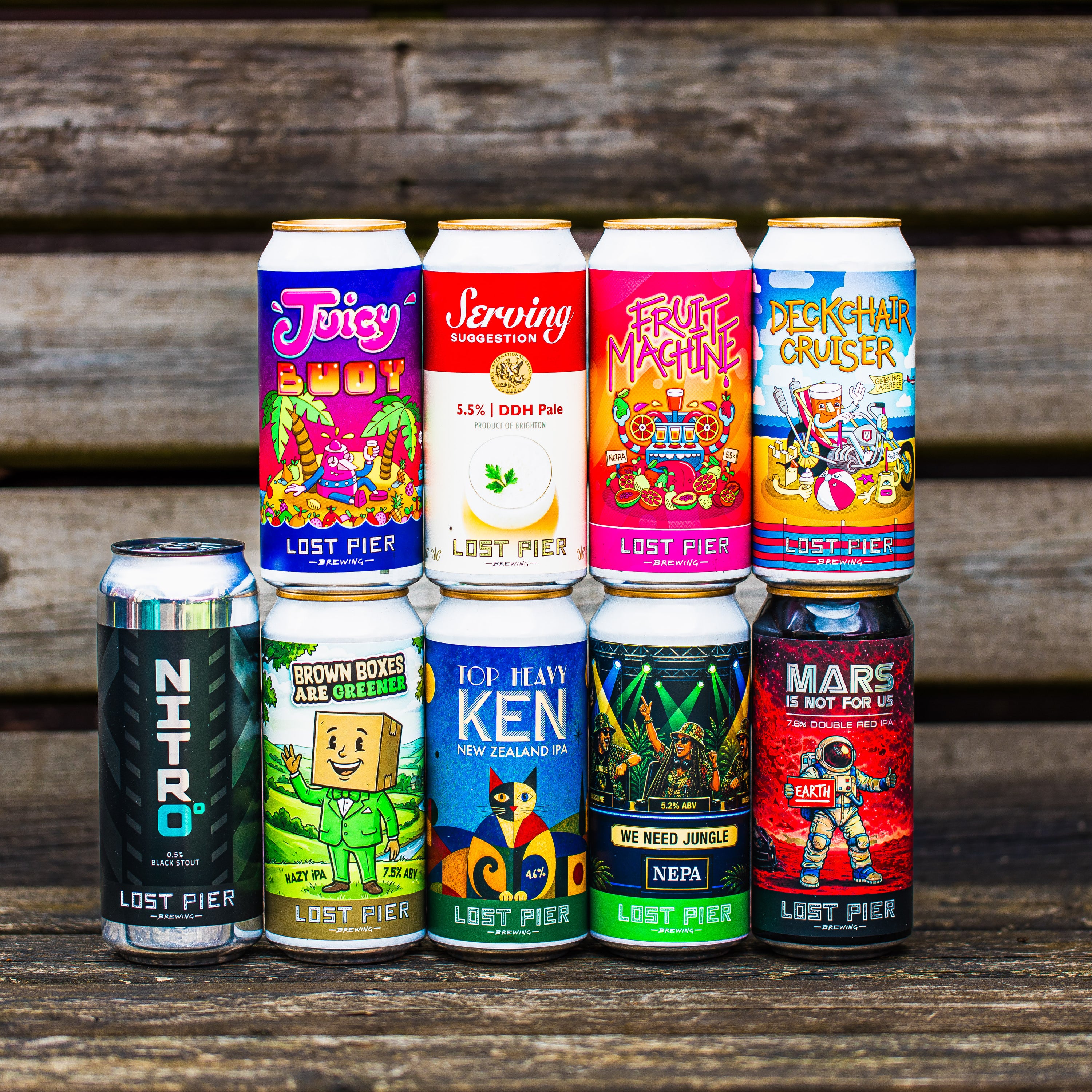 Lost Pier Brewing full can lineup including Juicy Buoy, Serving Suggestion DDH Pale and Mars Is Not For Us, Brewser subscription
