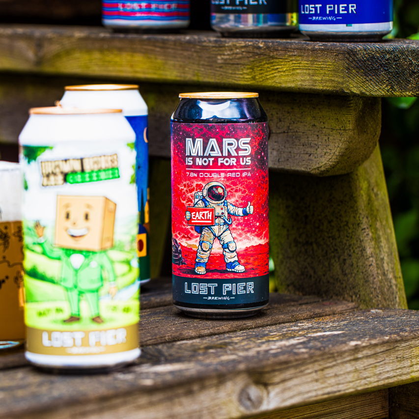 Lost Pier Brewing Mars Is Not For Us Double Red IPA hero can on wooden shelf, available in Brewser subscription box
