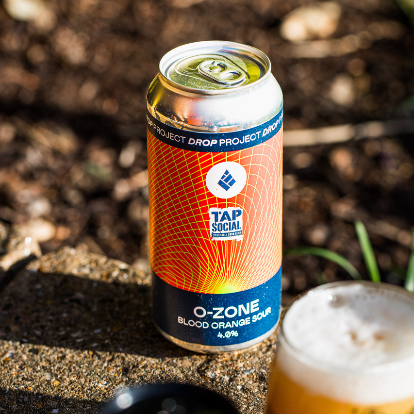 Tap Social Brewery O-Zone Blood Orange Sour 4.0% can with Brewser poured glass, craft beer subscription box

