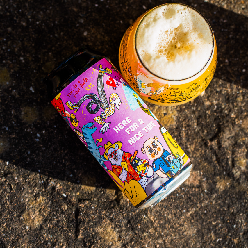 Here For A Nice Time DDH Pale 5.3% can with Brewser glass, colourful illustrated craft beer subscription delivery
