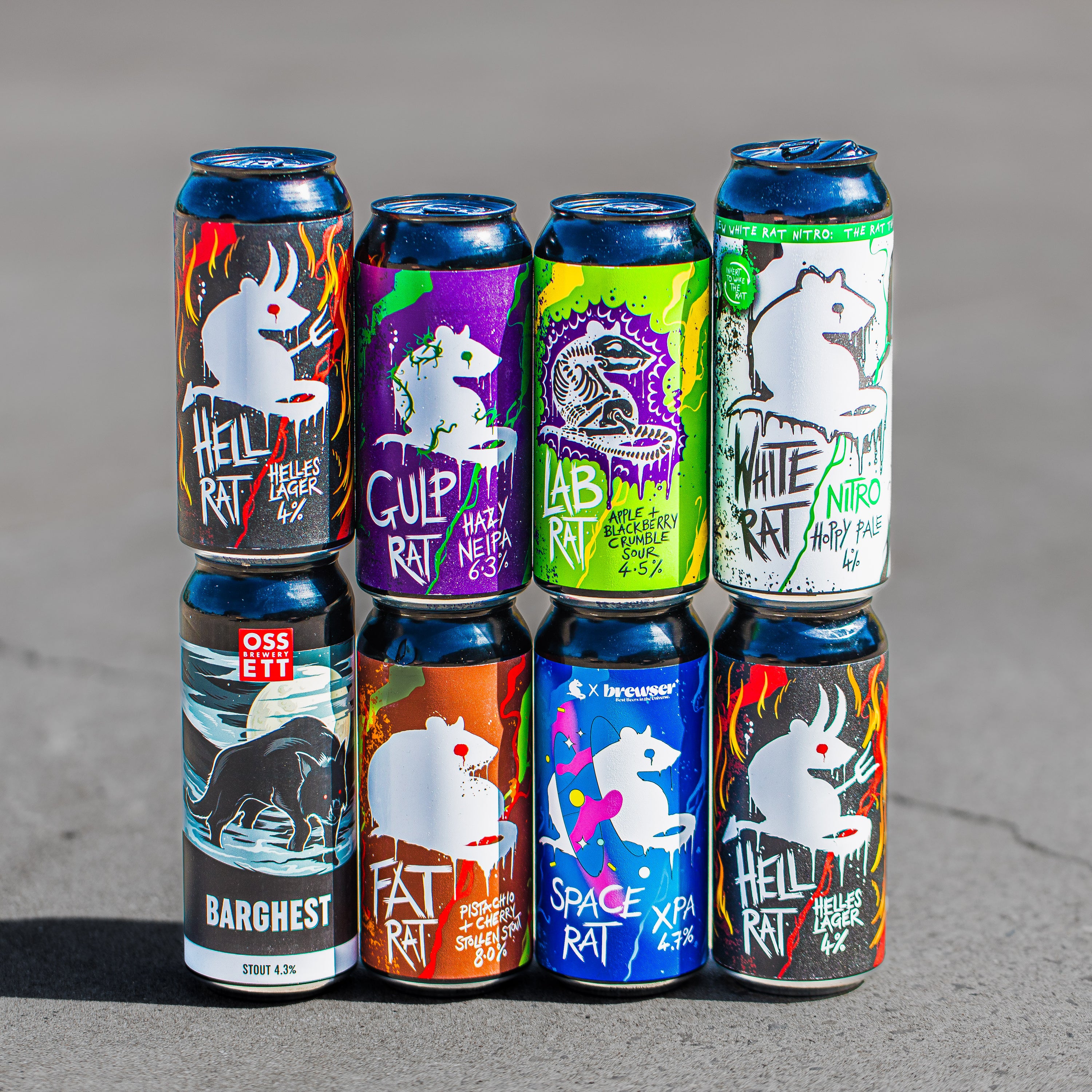 Space Rat Brewery stacked can range including Hell Rat Lager, Lab Rat Sour and Barghest Stout, Brewser box
