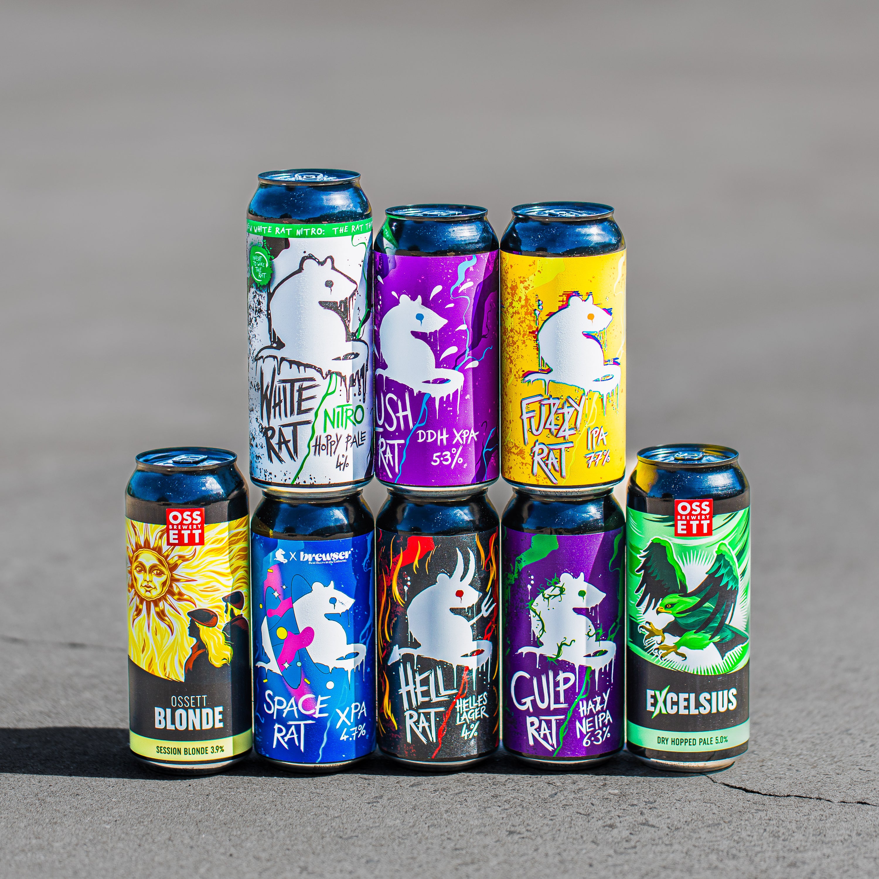 Space Rat Brewery full can lineup including White Rat, Gulp Rat NEIPA and Ossett Blonde, Brewser subscription box
