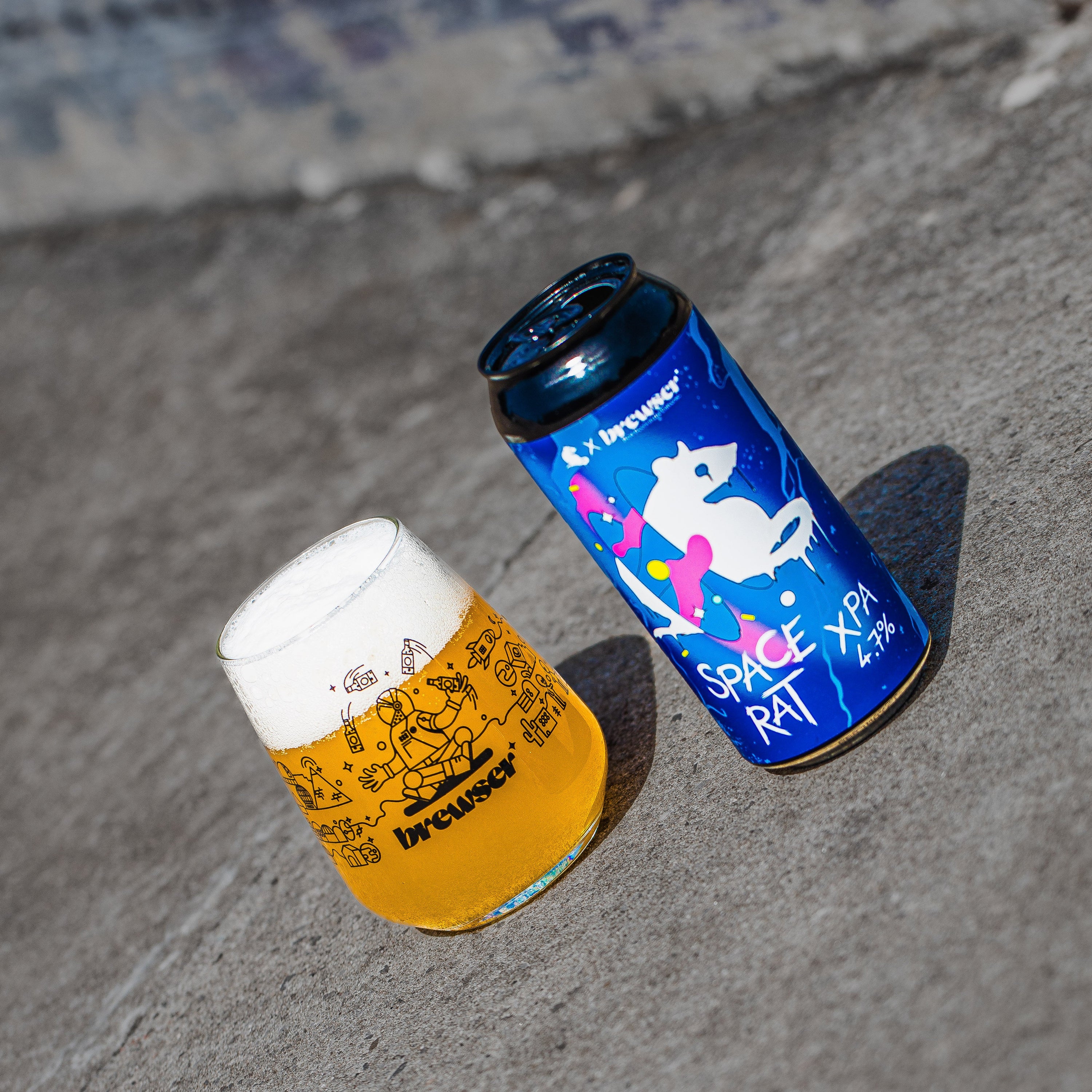 Space Rat XPA can beside a poured Brewser glass, craft beer subscription box delivery
