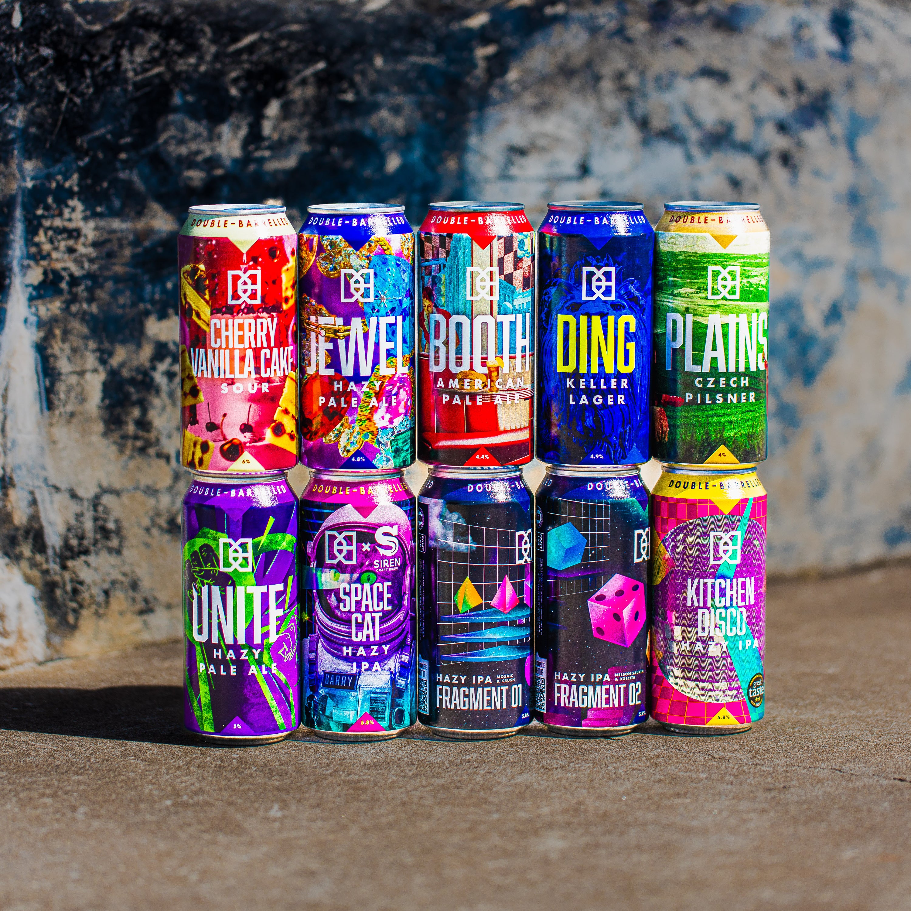 Double-Barrelled Brewery full can lineup including Ding Keller Lager, Space Cat Hazy IPA and Fragment 01, Brewser subscription
