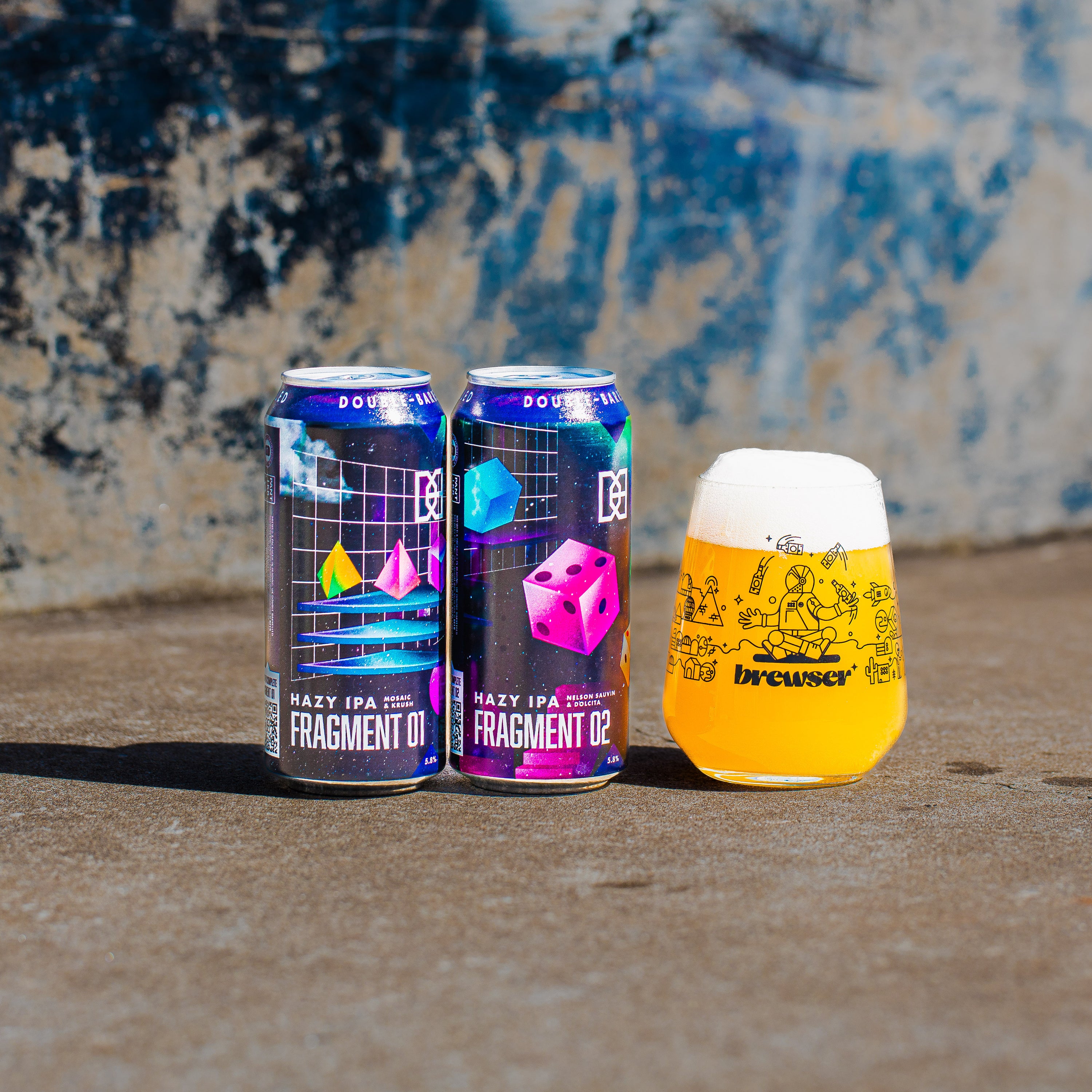 Double-Barrelled Brewery Fragment 01 and 02 Hazy IPA cans with Brewser glass, craft beer subscription box
