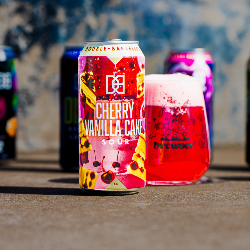Double-Barrelled Brewery Cherry Vanilla Cake Sour can with Brewser glass pour, craft beer subscription box
