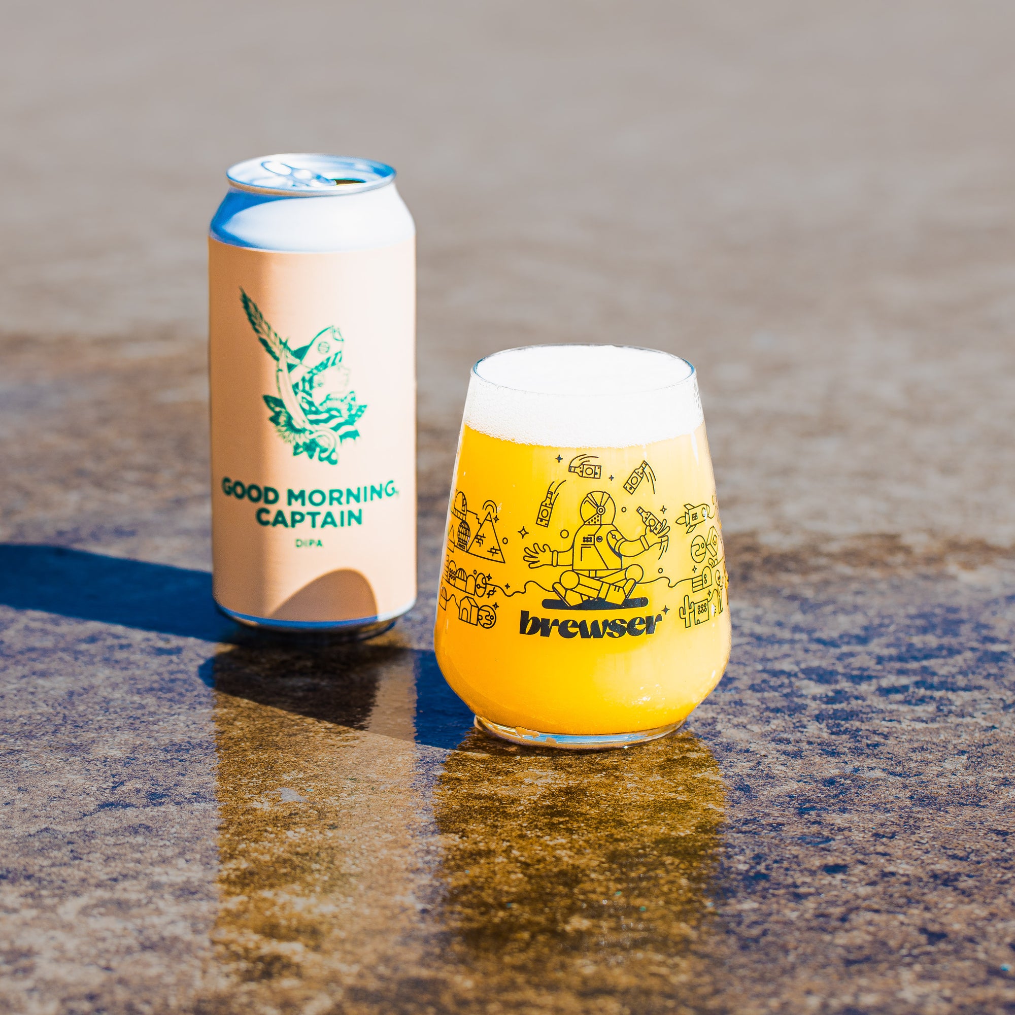 Reno Brewing Co Good Morning Captain DIPA can with Brewser glass pour, part of a craft beer subscription
