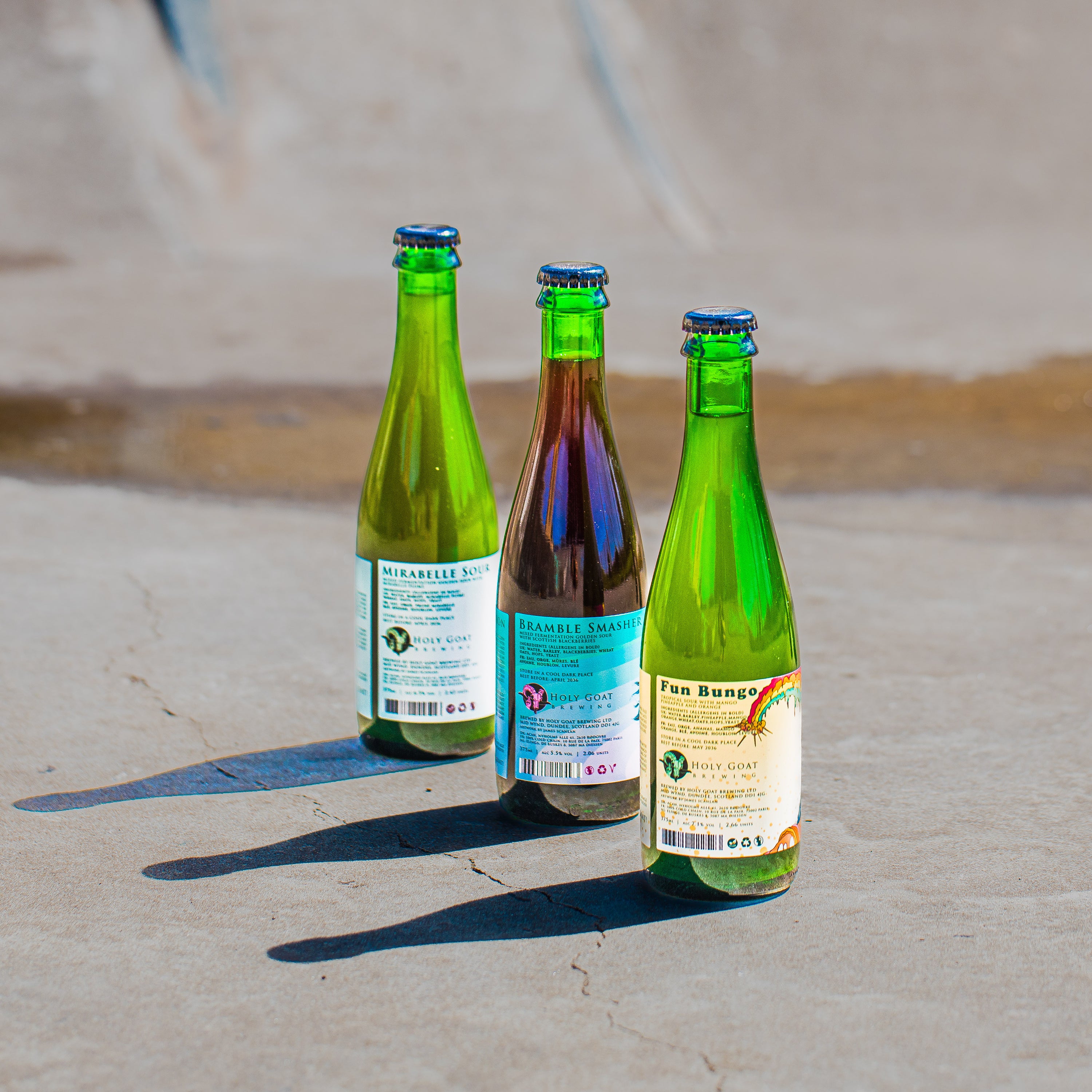 Holy Goat Brewing three bottle lineup including Mirabelle Sour, Bramble Smash and Fun Bungo, Brewser subscription
