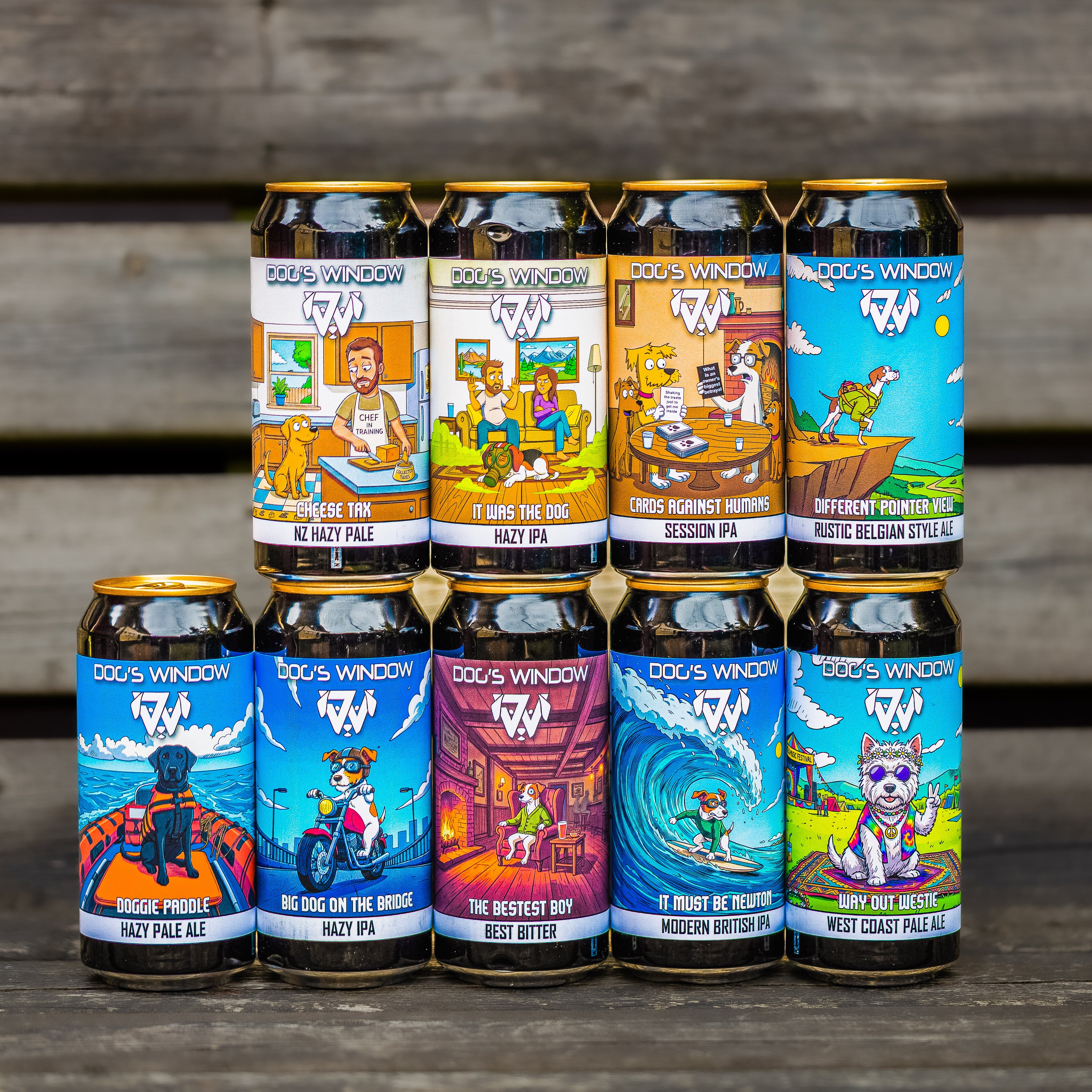 Dog's Window Brewing can lineup with dog-themed cartoon labels on wood, Brewser subscription box