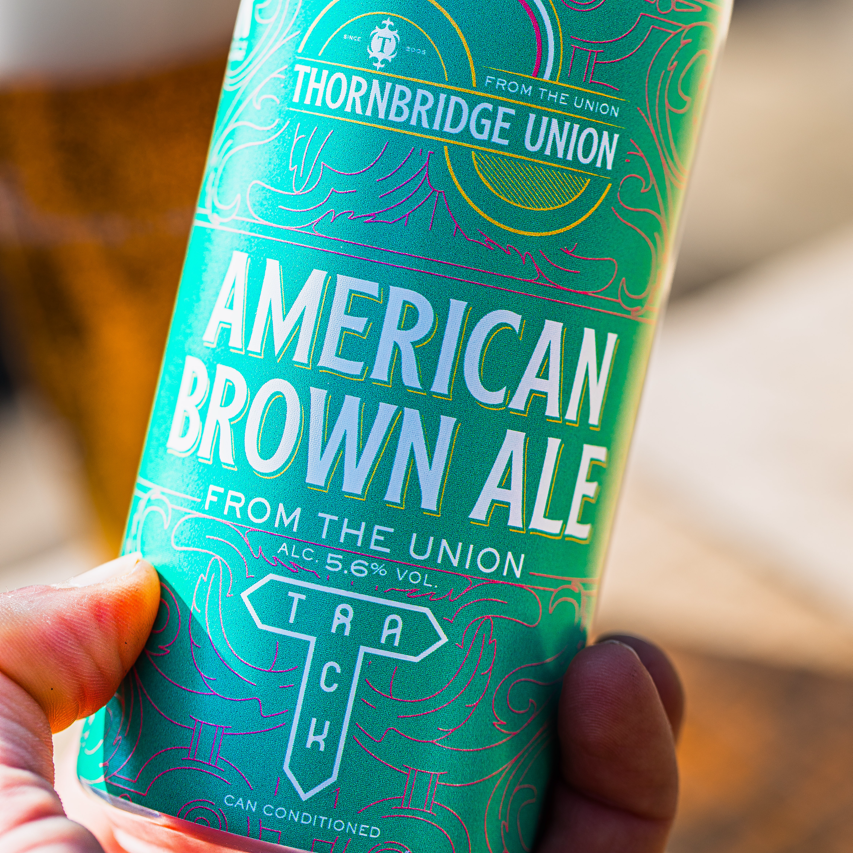 Hand holding a Thornbridge Union American Brown Ale can close-up, Brewser craft beer subscription lifestyle