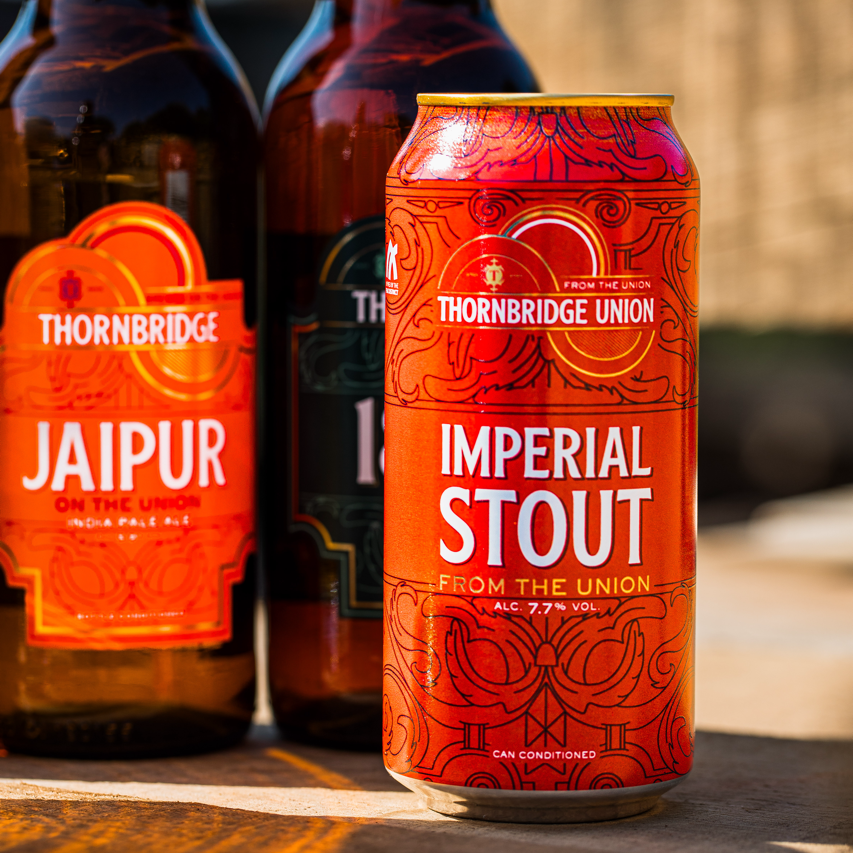 Thornbridge Union Imperial Stout can with Jaipur bottles behind, Brewser craft beer subscription