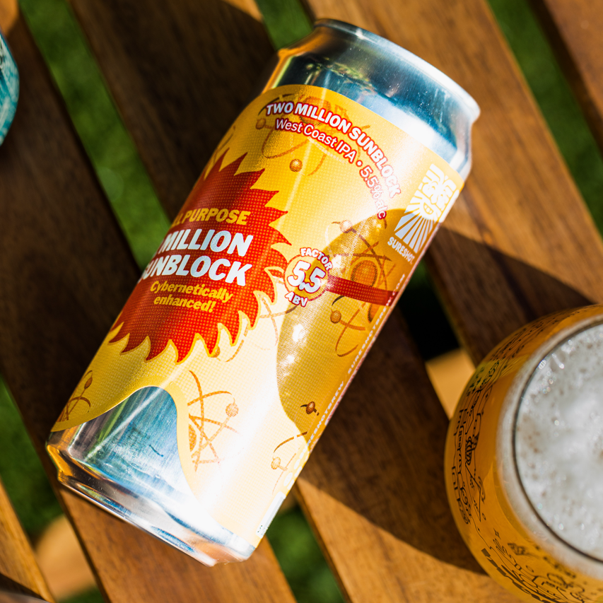 Sureshot Brewing Two Million Sunblock West Coast IPA can close-up on wood, Brewser craft beer subscription
