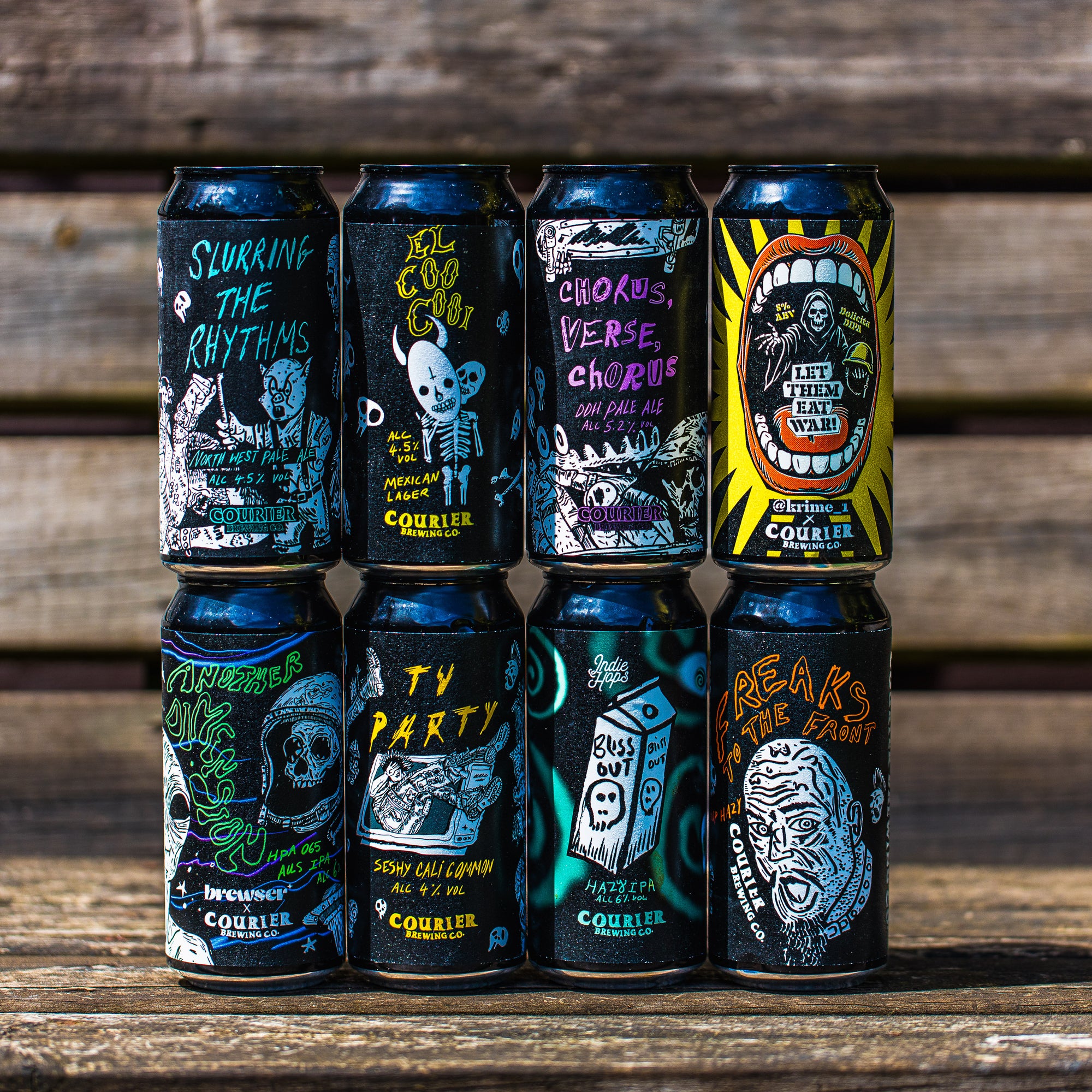 Eight Courier Brewing Co. cans with gothic artwork on rustic wood, Brewser subscription box lineup