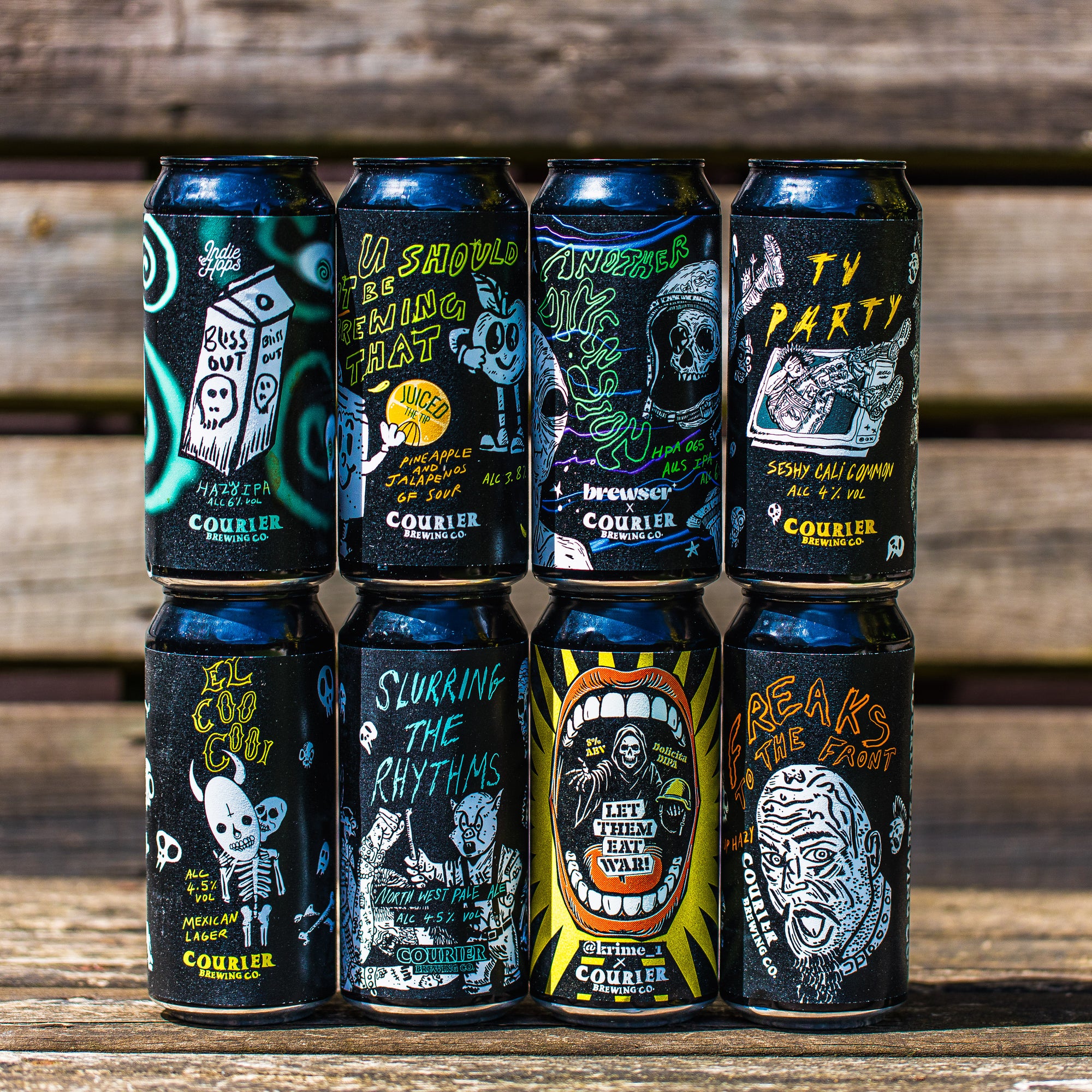 Courier Brewing Co. can lineup with cartoon-illustrated craft beer labels, in a Brewser subscription box