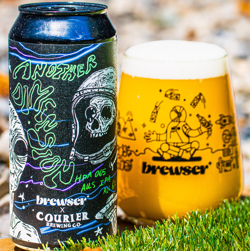 Courier Brewing Co. IPA can and poured hazy beer on grass, part of the Brewser craft beer subscription