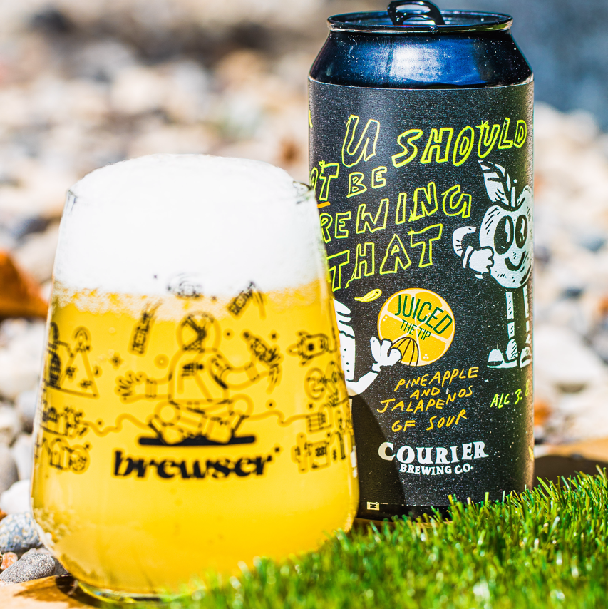 Courier Brewing Co. Juiced the Tip sour can beside a poured glass, Brewser craft beer subscription box