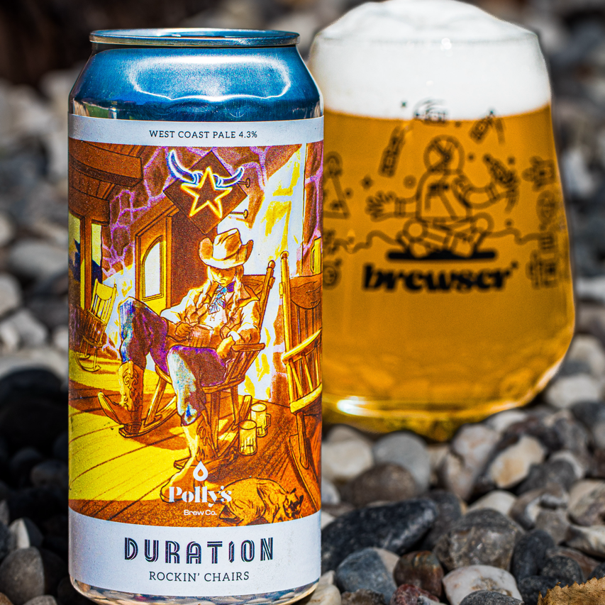 Polly's Brew Co Duration Rockin' Chairs Pale can beside a poured Brewser glass, craft beer subscription