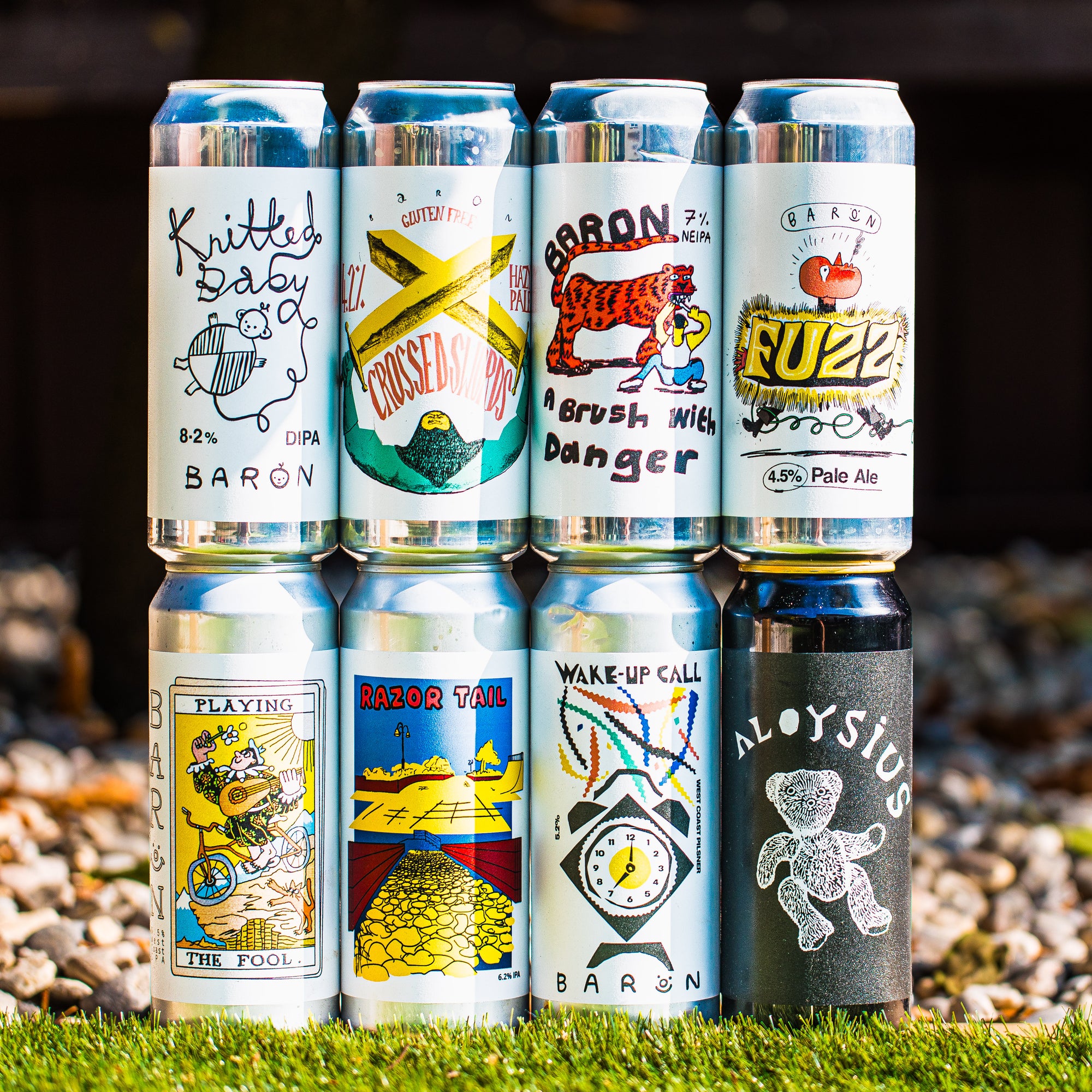 Baron Brewing can lineup on grass including Knitted Baby DIPA, Fuzz and Razor Tail, Brewser subscription box