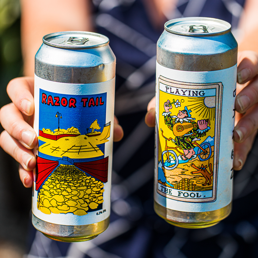 Hands holding Baron Brewing Razor Tail and Playing The Fool cans, Brewser craft beer subscription lifestyle