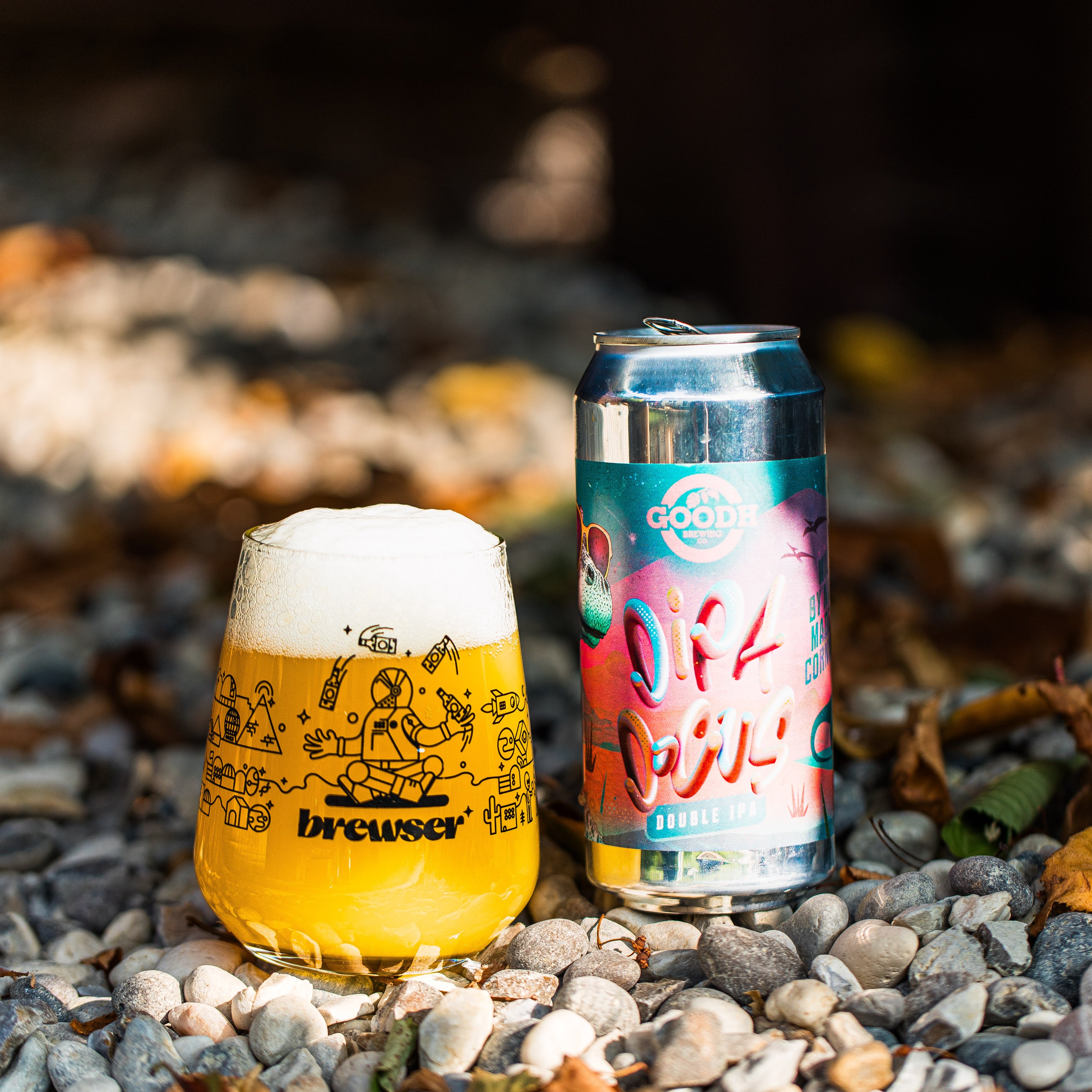 GOODH Brewing Bubble IPA can beside a poured Brewser glass on pebbles, craft beer subscription