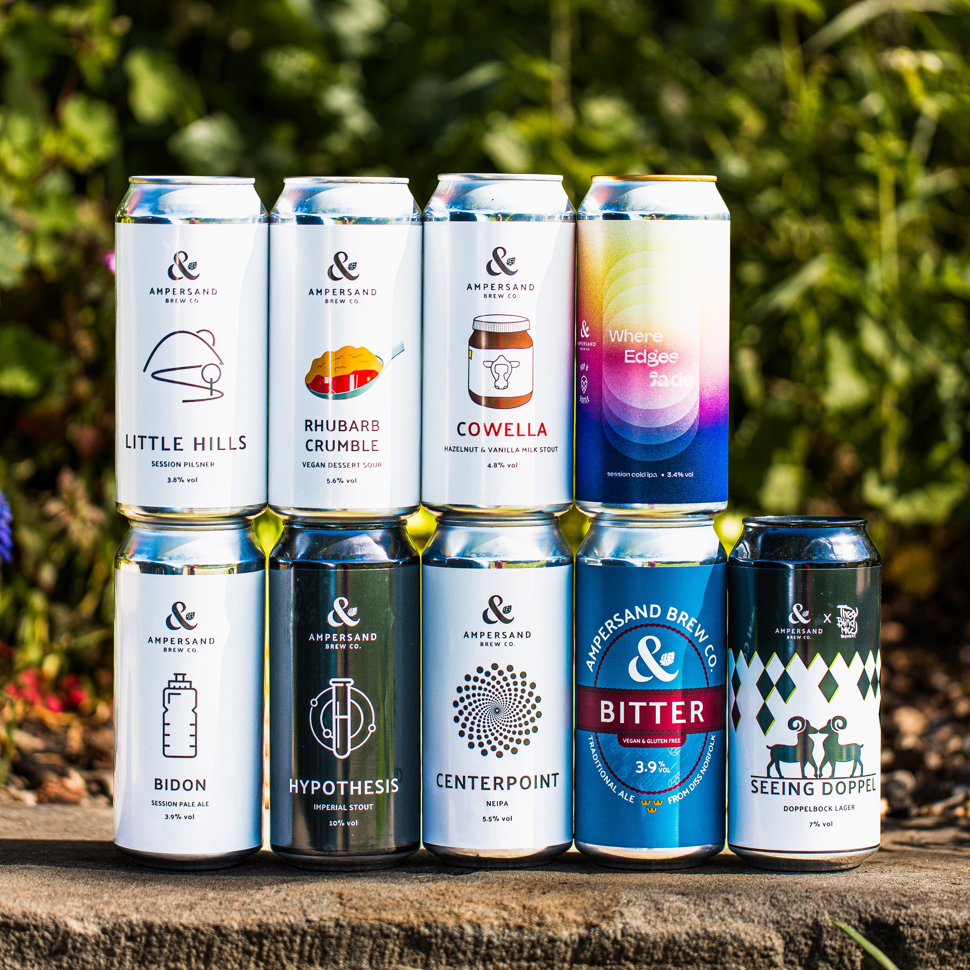 Ampersand Brew Co can lineup including Hypothesis, Rhubarb Crumble and Bitter, Brewser subscription box