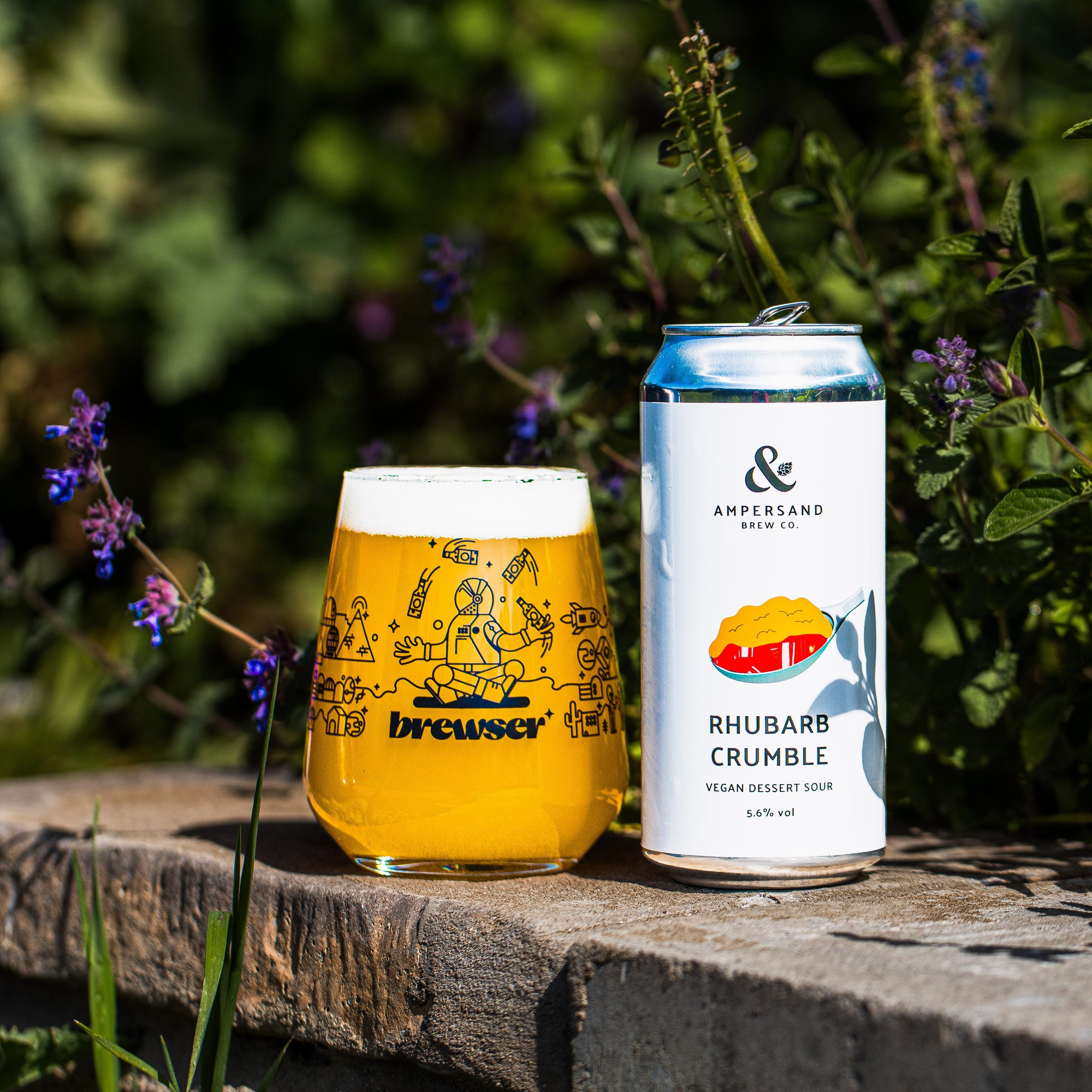 Ampersand Brew Co Rhubarb Crumble Vegan Dessert Sour can with Brewser glass, craft beer subscription