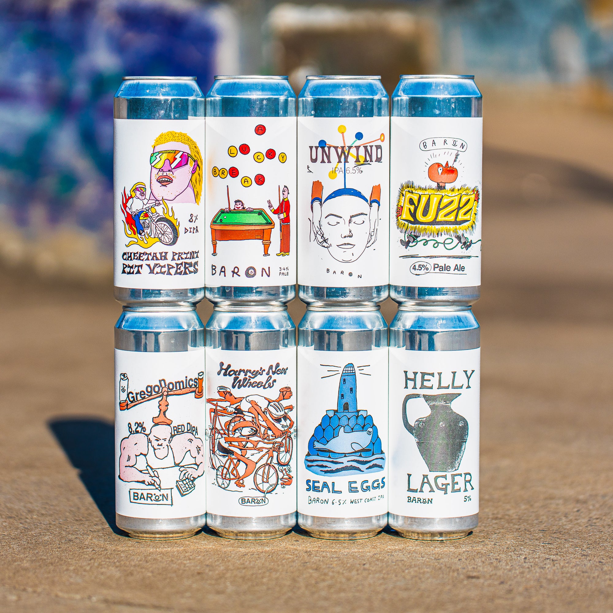 Full Baron Brewing craft beer can range including Cheetah From Mt Vipers, Unwind, Fuzz Pale Ale, Gregolomics Red IPA, Seal Eggs and Helly Lager - Brewser craft beer subscription box UK
