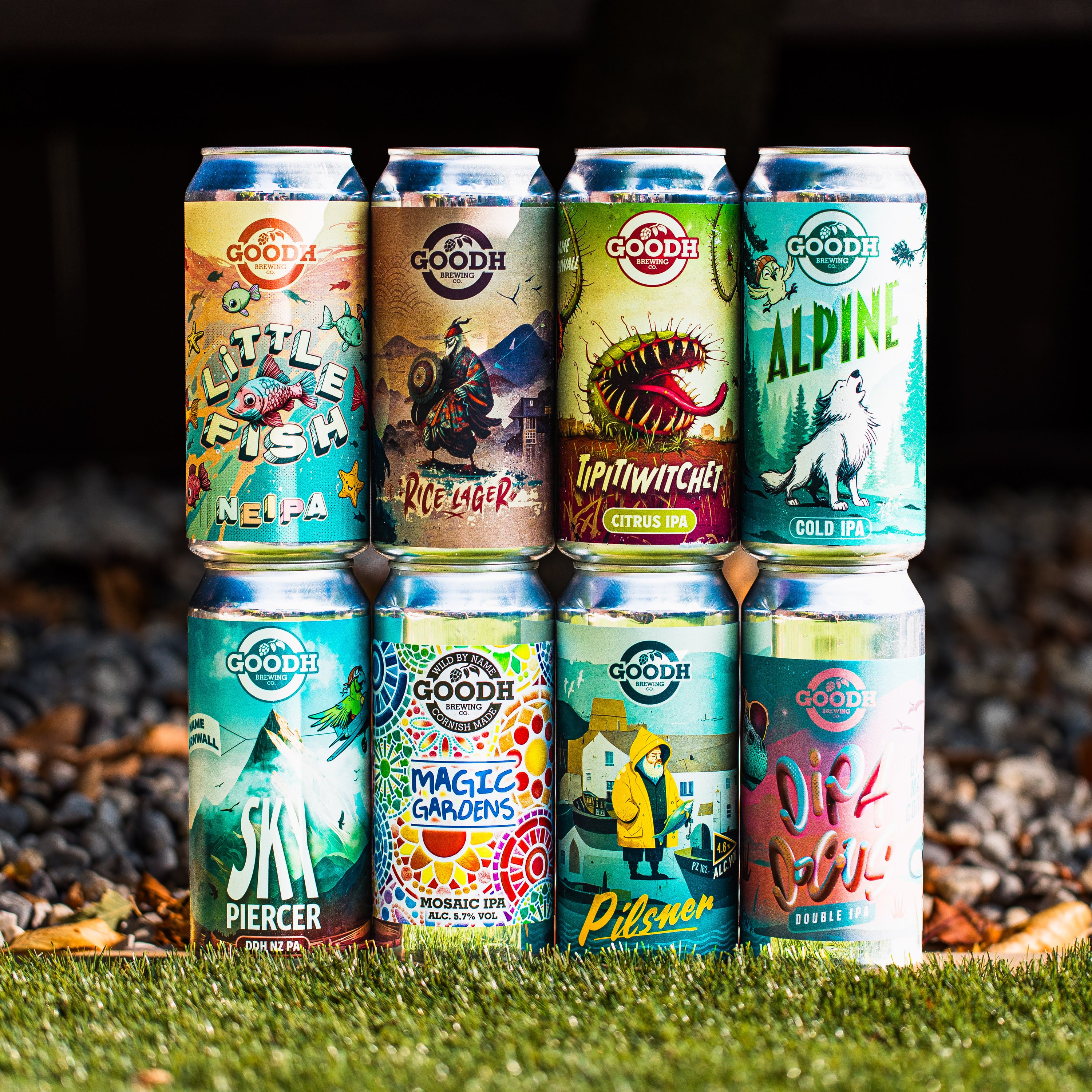 GOODH Brewing can lineup on grass with Little Fish NEIPA, Ski Piercer and Pilsner, in a Brewser craft beer subscription box