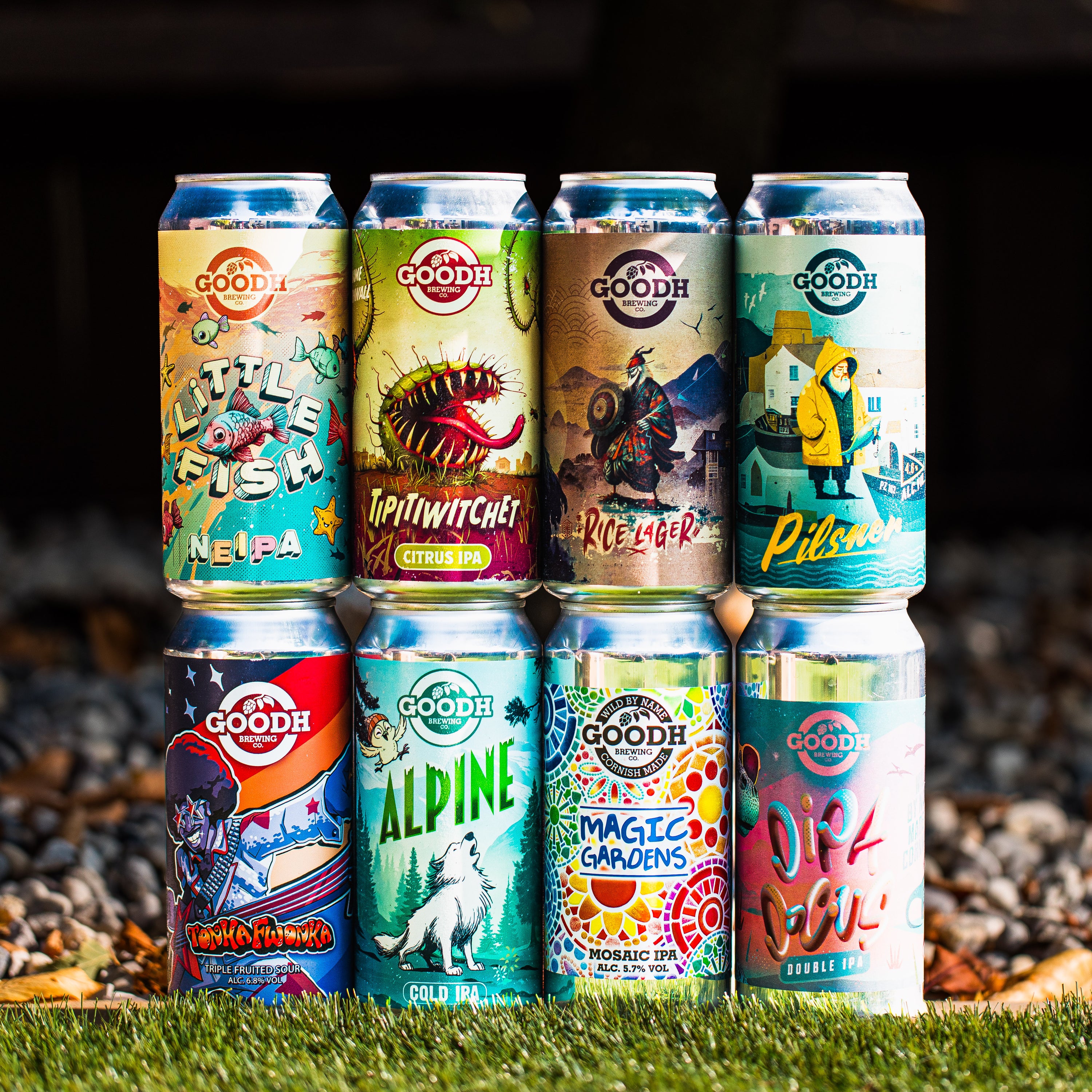 GOODH Brewing can lineup including Little Fish NEIPA, Rice Lager and Magic Gardens, in a Brewser craft beer subscription box