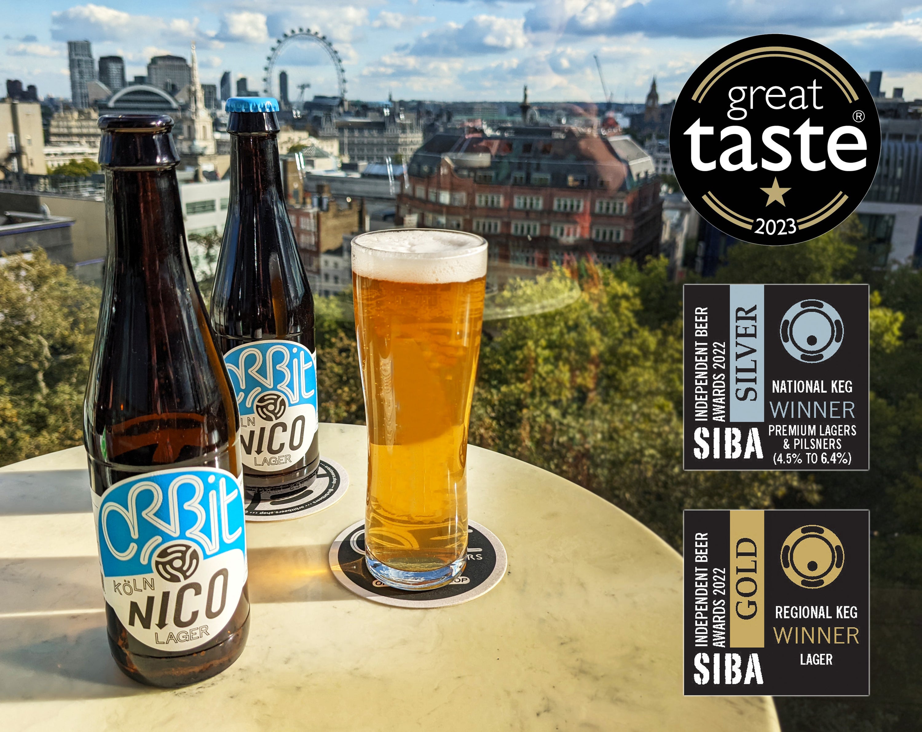 Orbit Beers Nico Koln Lager bottles and a poured pint with London skyline and award badges, Brewser subscription