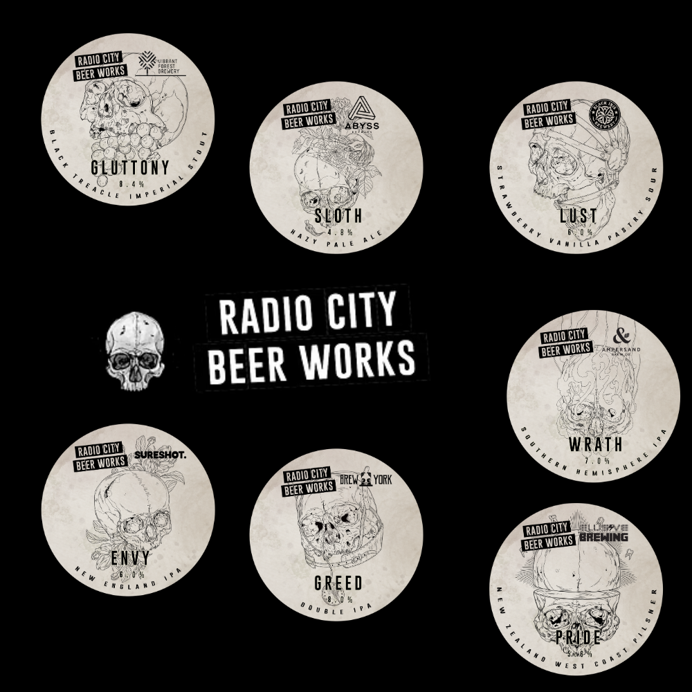 Radio City Beer Works Seven Deadly Sins craft beer can label collage, Brewser subscription box