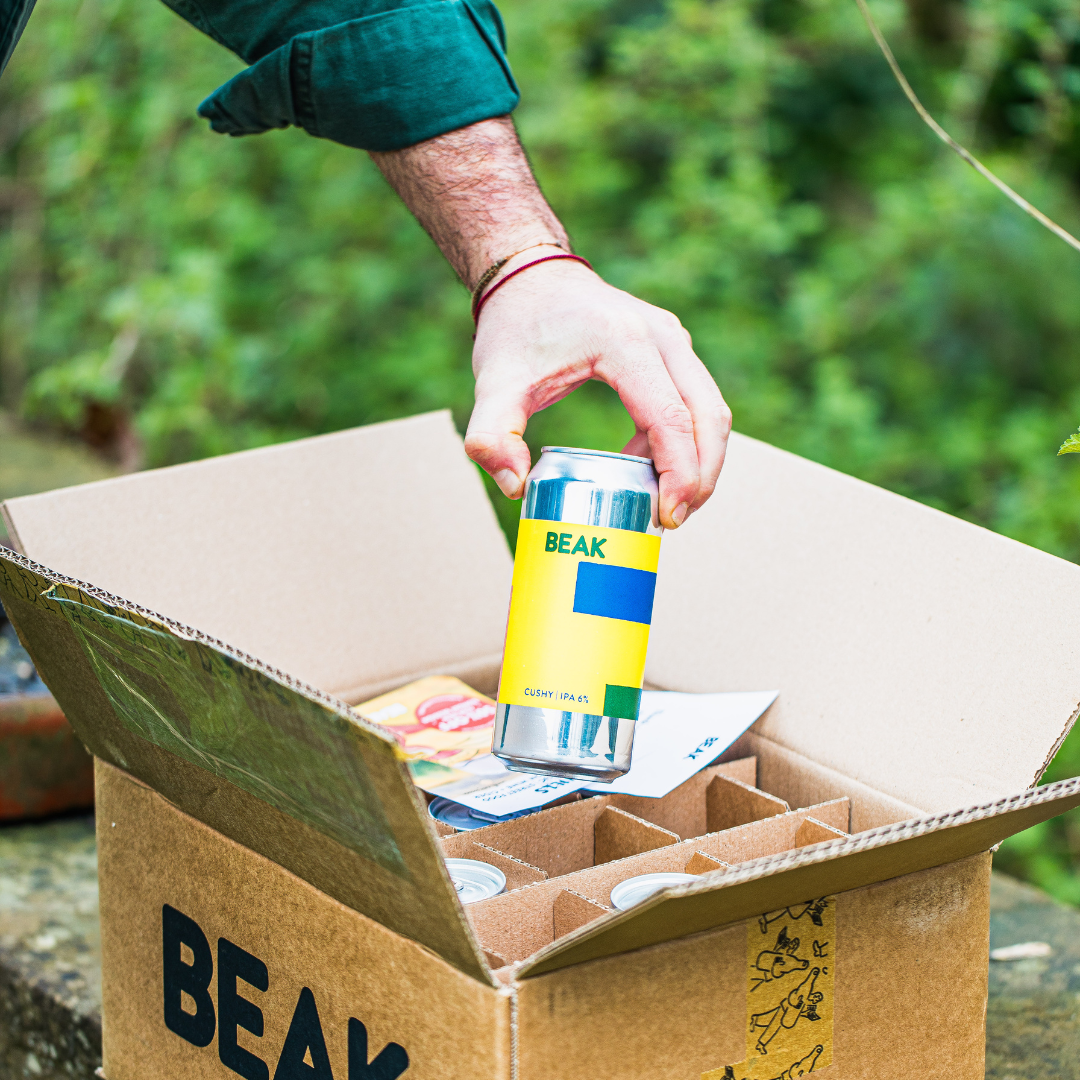 BEAK Brewery can being lifted from an open Brewser craft beer subscription box outdoors