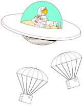 A flying saucer with a humanoid pilot above two boxes of beer parachuting down